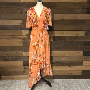NWT Premier Amour Women's Wrap Around Tangerine Dress With Floral Pattern Size 2